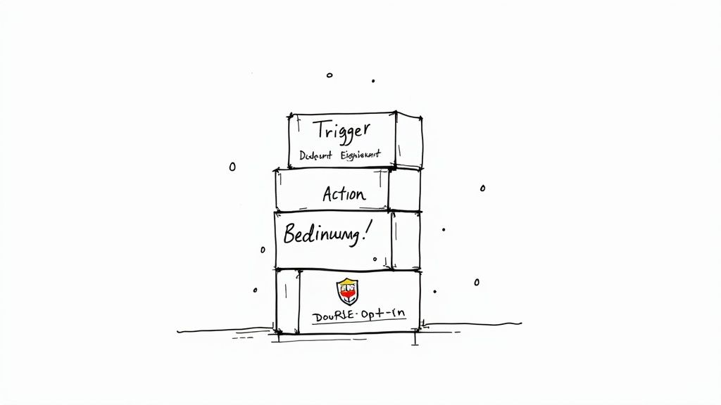 Stapel von vier Blöcken, beschriftet mit Trigger, Action, Bedingung und Double-Opt-In.