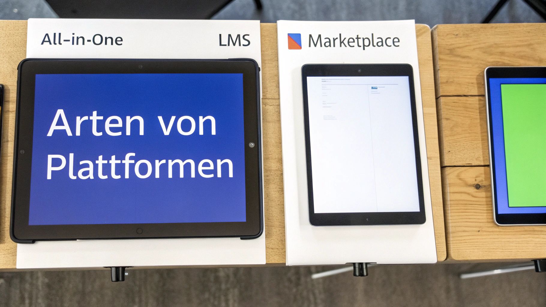 Drei Tablets auf Ständern präsentieren verschiedene Plattformtypen, darunter All-in-One LMS und Marketplace.