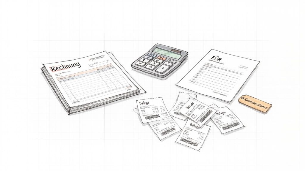 Illustration von Rechnungen, Belegen, einem Taschenrechner und einem Etikett „Kleinunternehmer” für die Buchhaltung.
