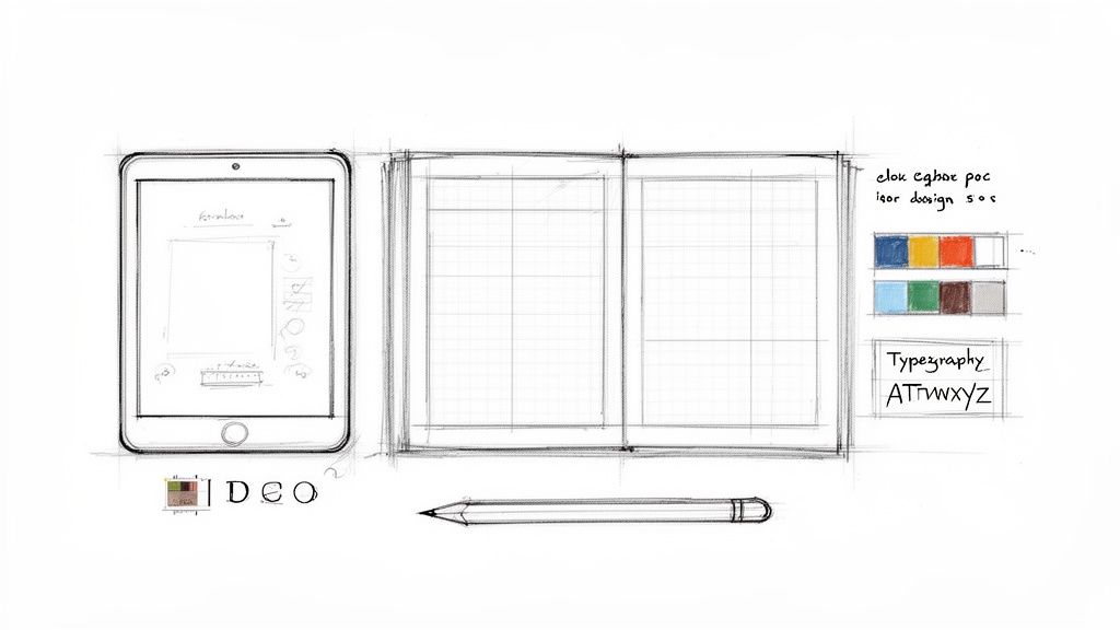 Design-Skizzen für ein digitales Produkt mit Tablet-Oberfläche, Rasterlayout, Farbpalette und Typografie.