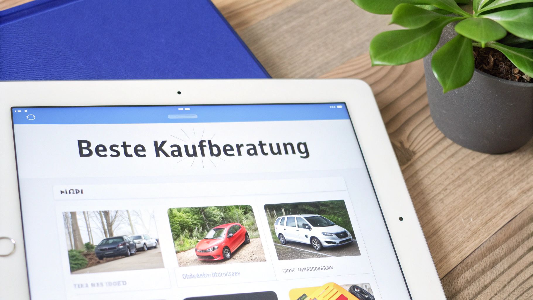 iPad zeigt eine Website mit 'Beste Kaufberatung' und Bildern von Autos auf einem Holztisch.