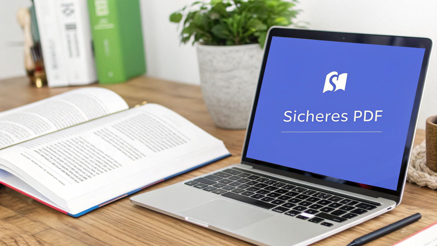 Laptop zeigt 'Sicheres PDF' auf blauem Bildschirm, daneben ein offenes Buch und Schreibtischutensilien.