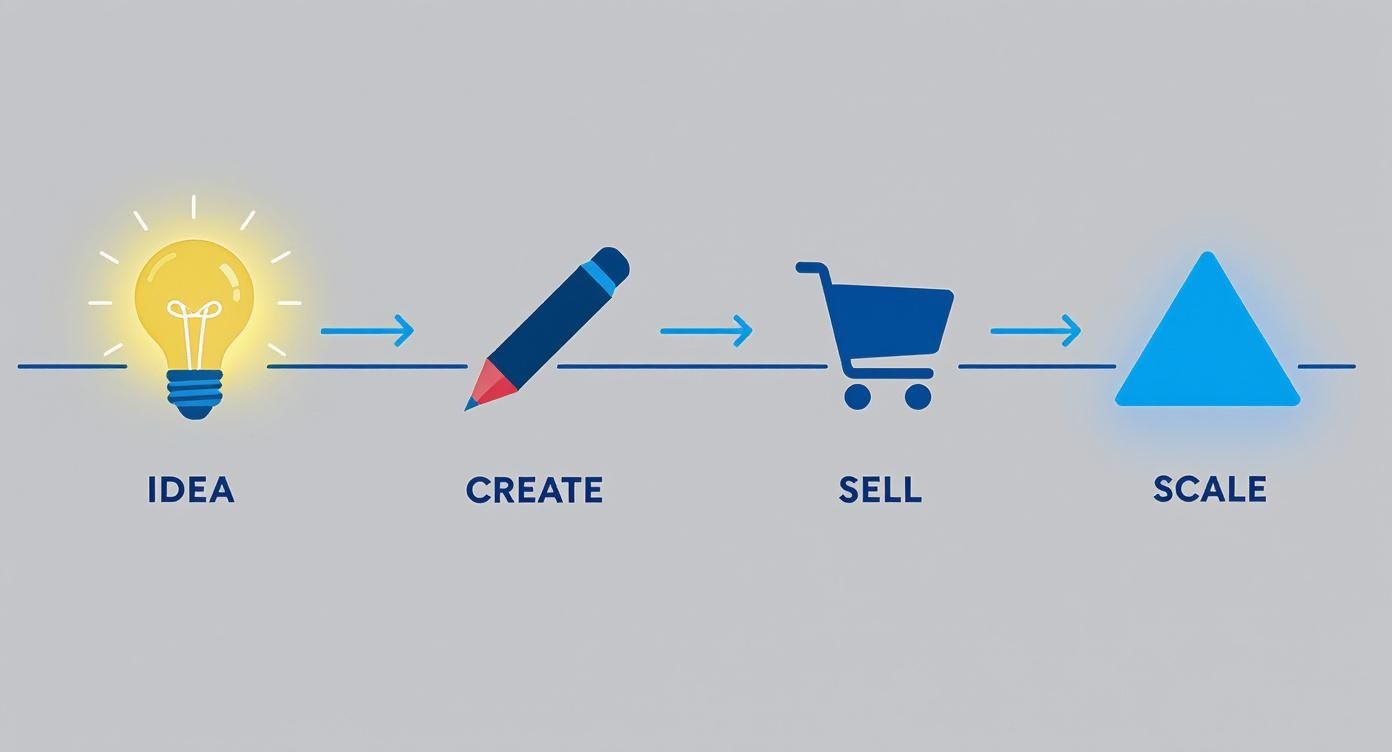 Geschäftsprozess von der Idee über Erstellung und Verkauf bis zur Skalierung mit Symbolen dargestellt