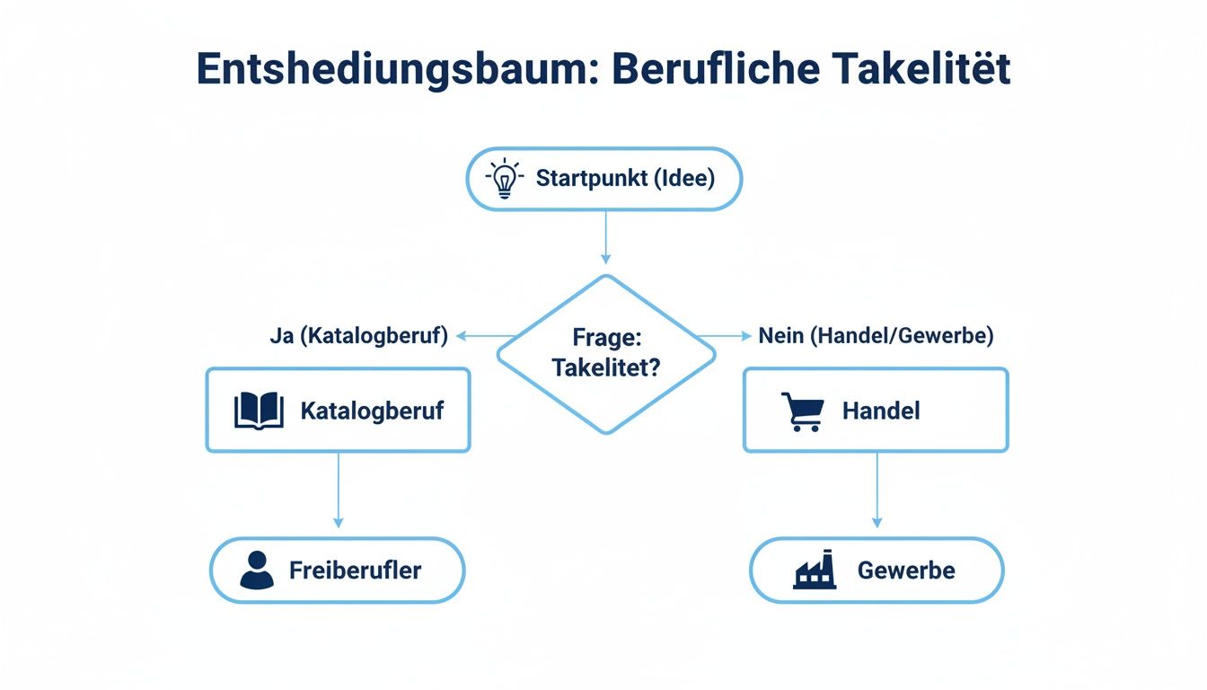 Entscheidungsbaum zur Unterscheidung zwischen Freiberufler und Gewerbe anhand der beruflichen Tätigkeit und einer Katalogberufsfrage.
