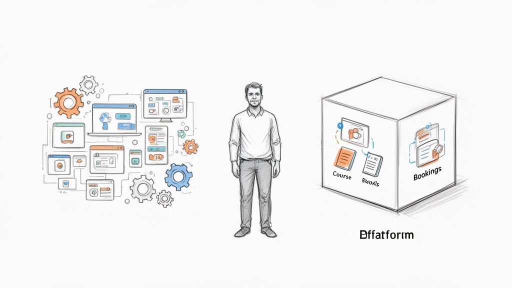 Skizze eines Mannes zwischen vernetzten digitalen Systemen und einer Plattform mit Kursen und Buchungen.