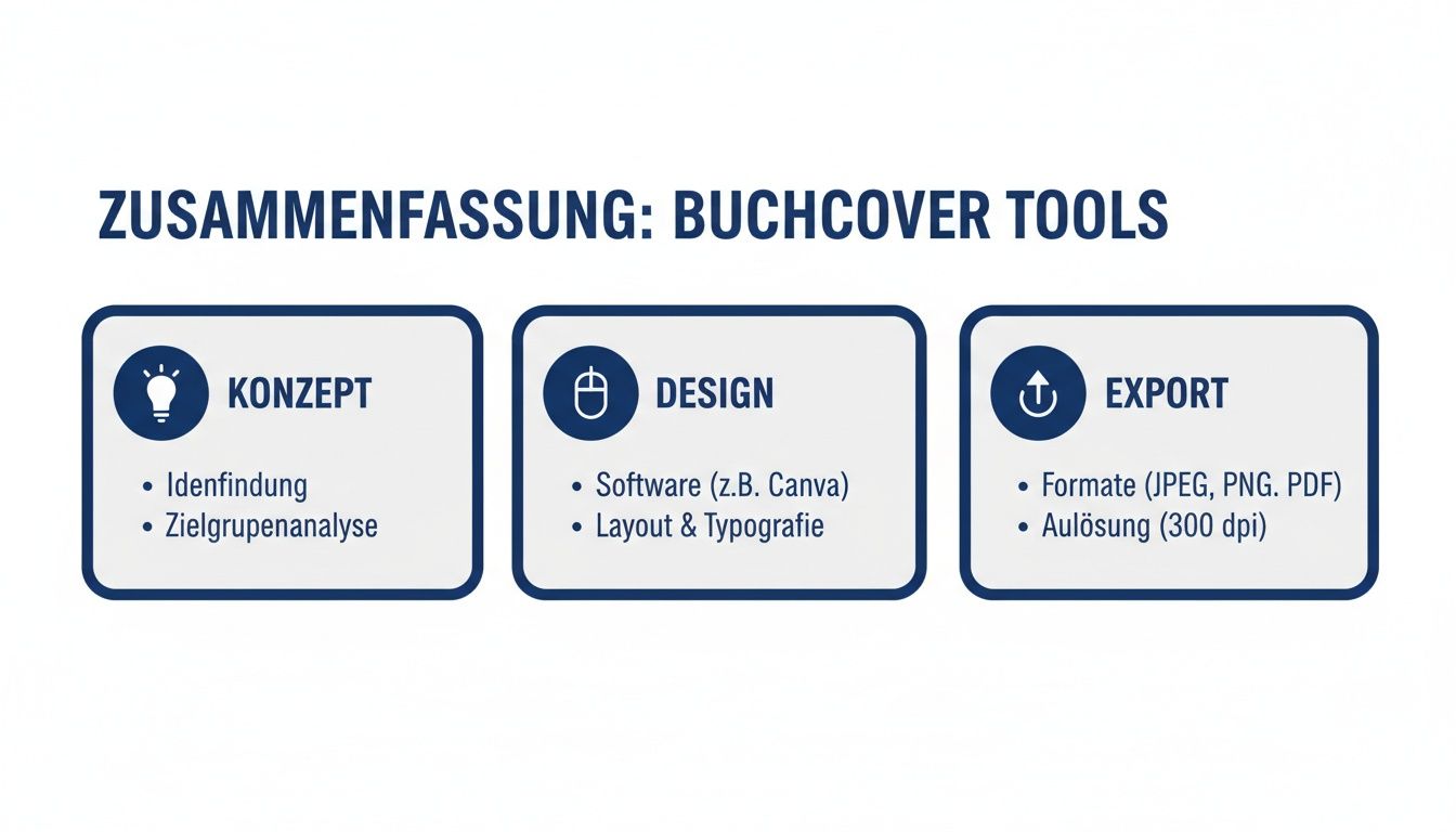 Eine visuelle Zusammenfassung der Buchcover-Tools, unterteilt in Konzept, Design und Export, mit detaillierten Schritten.