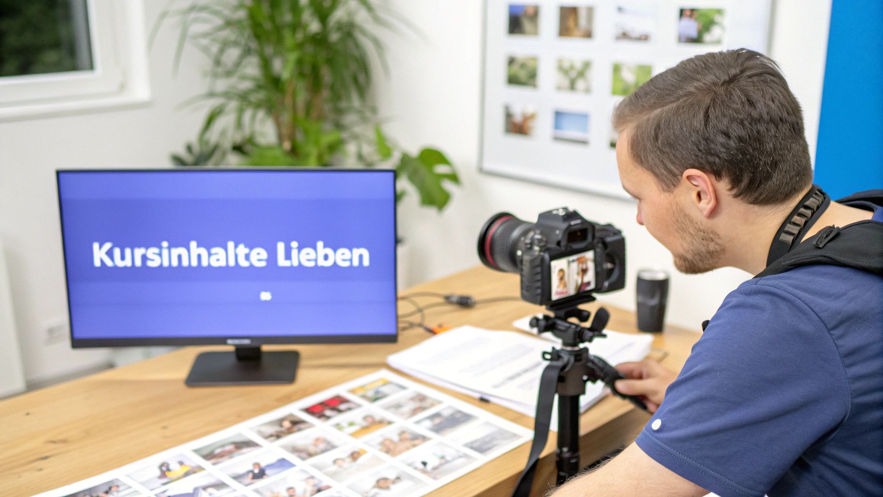 Eine Person nimmt vor einer Kamera ein Video für einen Online-Kurs in einem Heimstudio auf.