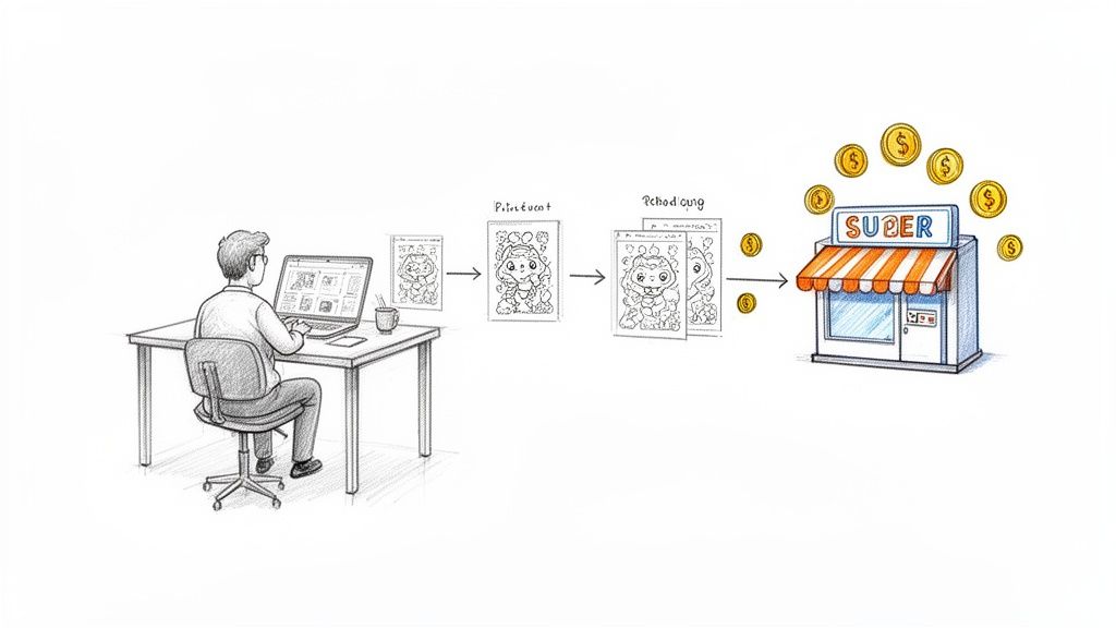 Eine Person erstellt Malbuchseiten am Laptop, verarbeitet sie und verkauft sie in einem Geschäft, um Geld zu verdienen.