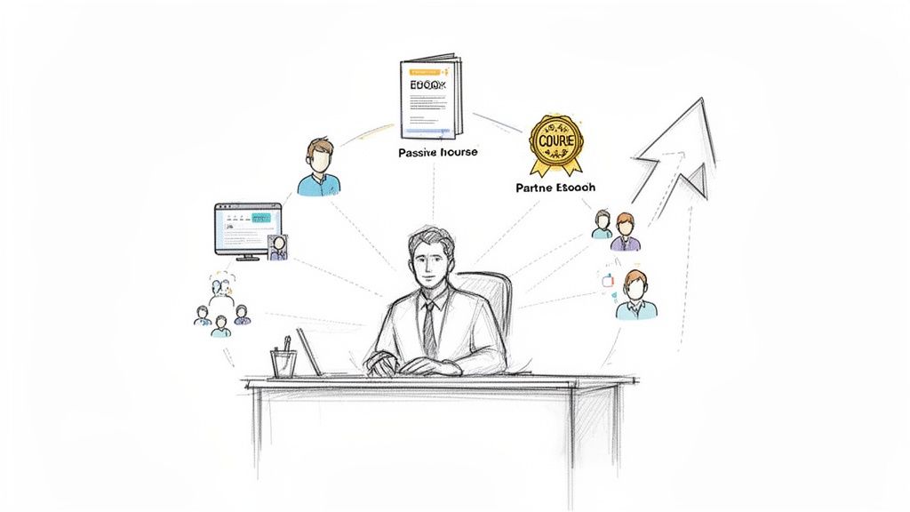 Skizze eines Mannes, der ein Netzwerk aus E-Books, Partnern und Teams für passives Einkommen verwaltet.