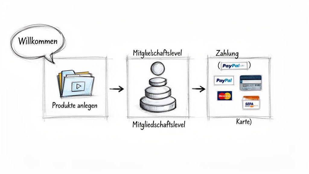 Grafik zeigt den dreistufigen Prozess zur Einrichtung eines Mitgliederbereichs: Produkte anlegen, Mitgliedschaftslevel festlegen und Zahlungsoptionen integrieren.