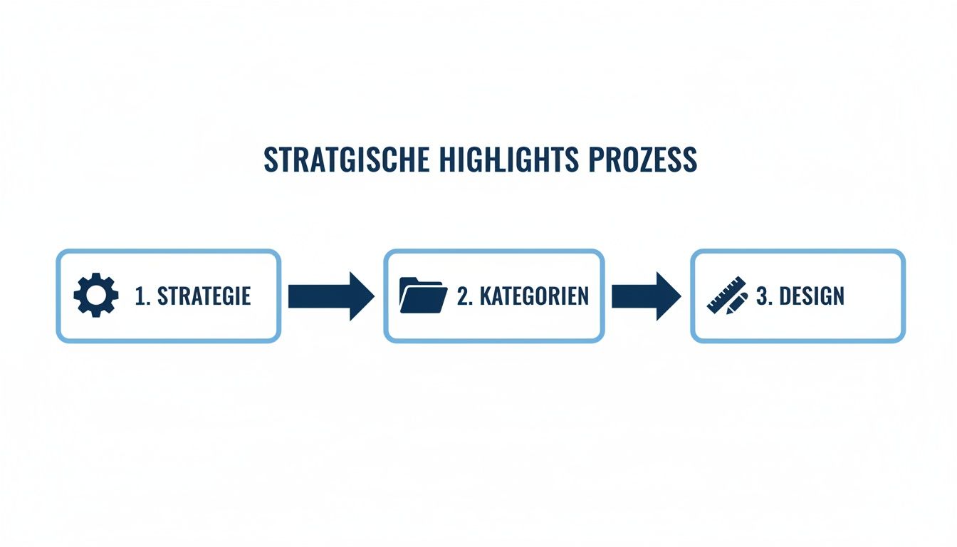 Ein Flussdiagramm zeigt den Prozess der strategischen Highlights mit den Schritten Strategie, Kategorien und Design.