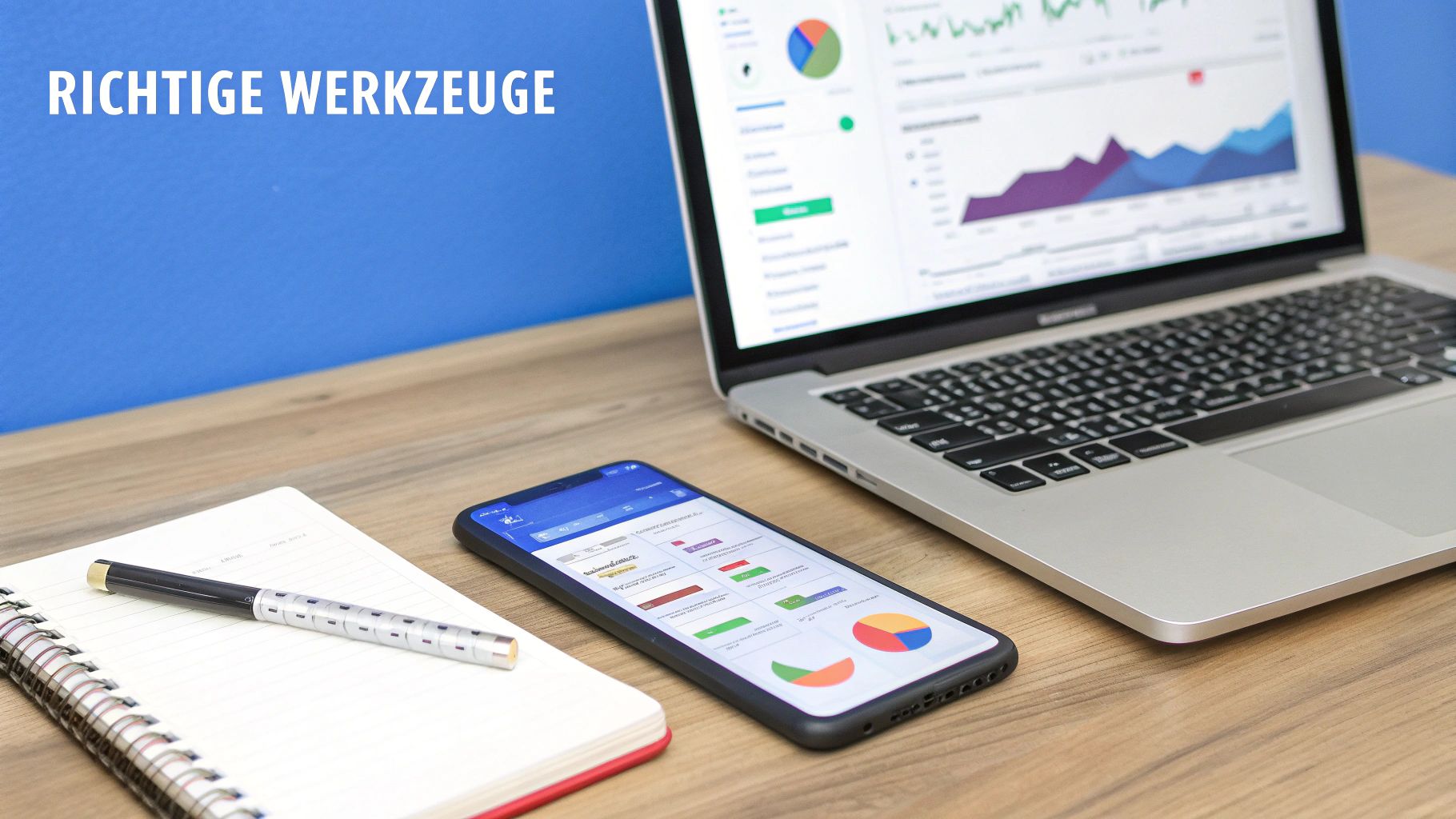 Eine Person, die an einem aufgeräumten Schreibtisch arbeitet und digitale Marketing-Tools auf ihrem Laptop und Tablet vergleicht, mit alfima.io prominent im Vordergrund.