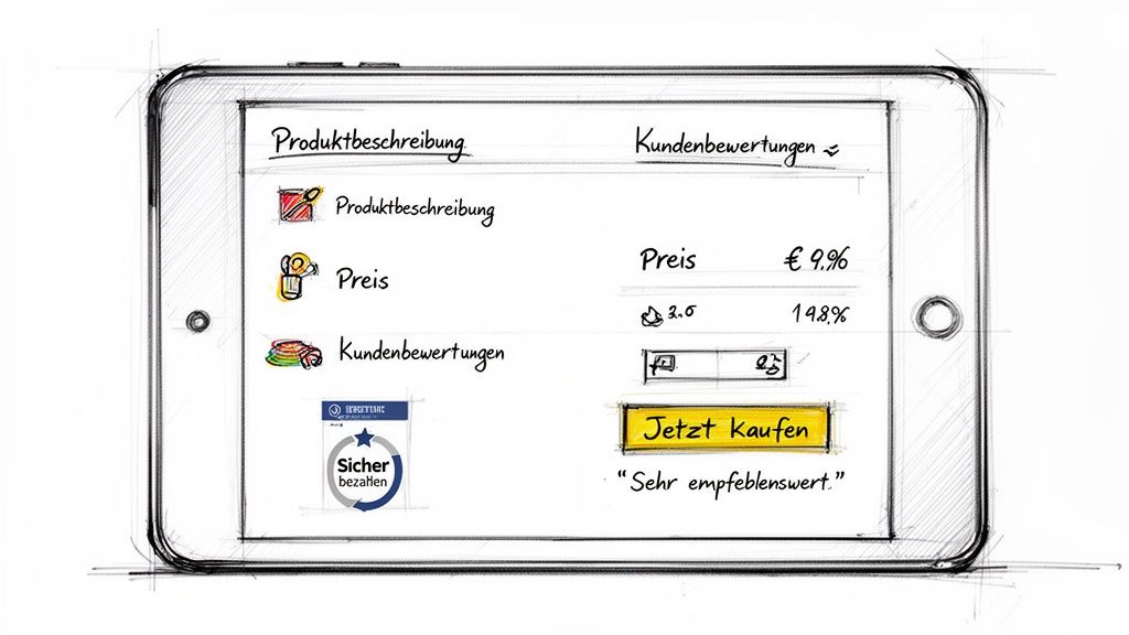 Handgezeichnetes Tablet mit einer E-Commerce-Ansicht: Produktbeschreibung, Preis, Kundenbewertungen und Kauf-Button.