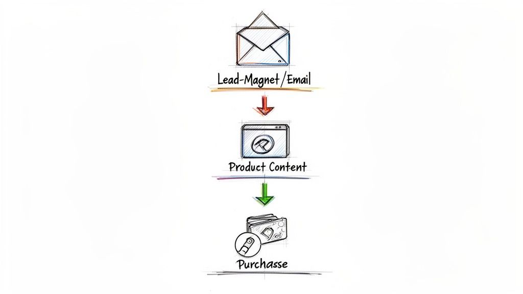 Darstellung eines Marketing-Trichters: Von E-Mail/Lead-Magnet über Produktinhalte zum Kauf.