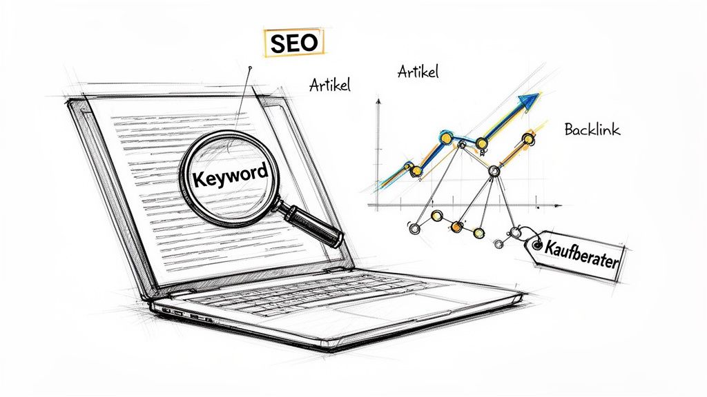 Handgezeichnete Skizze zeigt SEO-Strategien mit Keyword-Recherche auf Laptop, Artikel, Backlinks und Wachstumsdiagrammen.