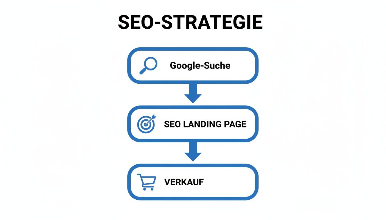 Flussdiagramm der SEO-Strategie, das den Weg von der Google-Suche über eine SEO-Landingpage zum Verkauf darstellt.