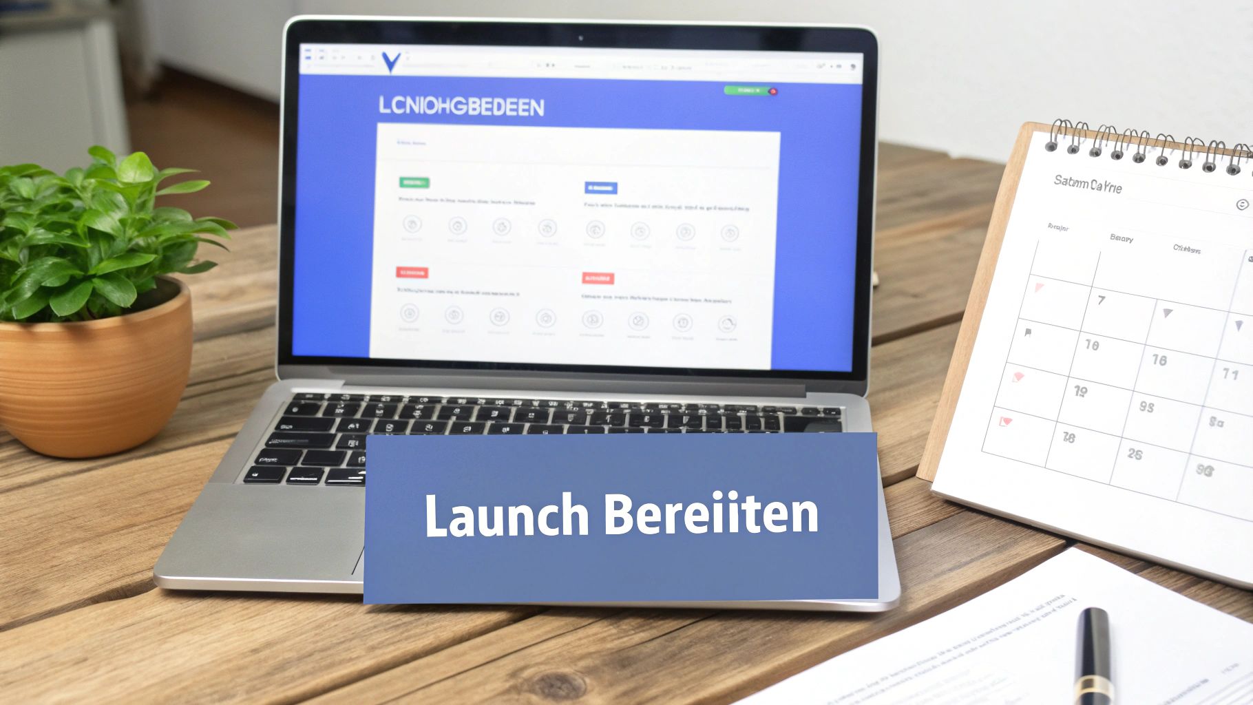 Ein Schreibtisch mit Laptop, Pflanze, Kalender und einem Schild mit der Aufschrift 'Launch Bereiten'.