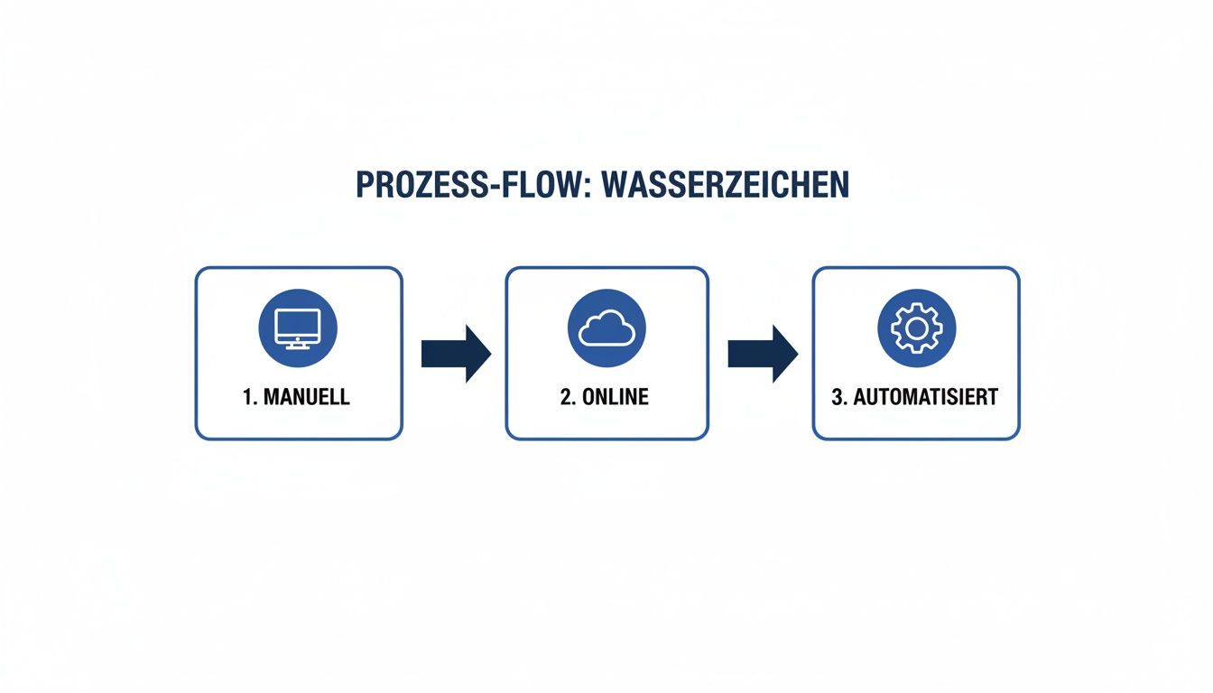 Prozess-Flow zur Erstellung von Wasserzeichen: manuell, online und automatisiert, dargestellt mit entsprechenden Symbolen.