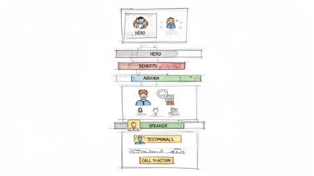 Skizze einer Webinar-Landingpage-Struktur mit verschiedenen Abschnitten wie Hero, Vorteile, Agenda, Sprecher, Testimonials und Call-to-Action.