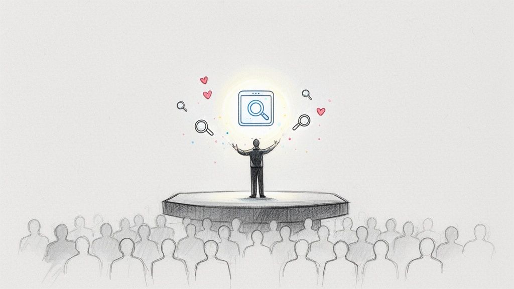 Ein Mann präsentiert auf einer Bühne vor Publikum ein leuchtendes Suchsymbol, umgeben von Lupen und Herzen.