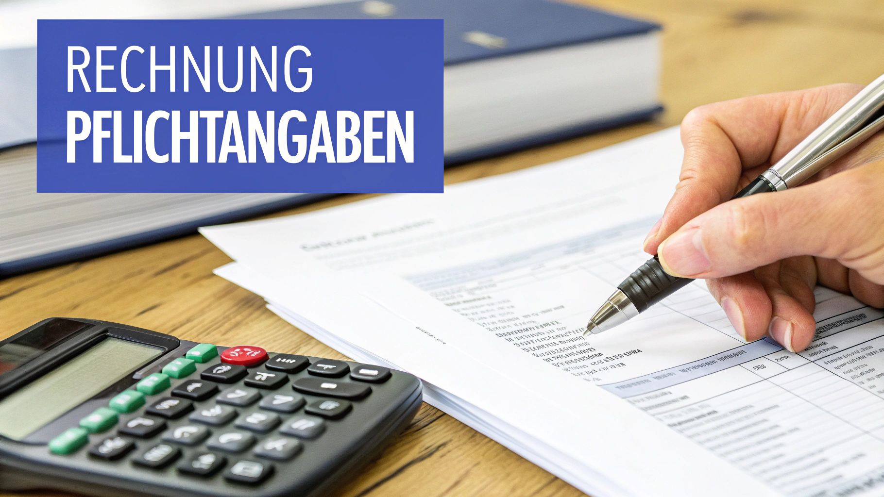 Eine Hand hält einen Stift über einem Rechnungsdokument, daneben ein Taschenrechner und ein Schild mit „Rechnung Pflichtangaben“.