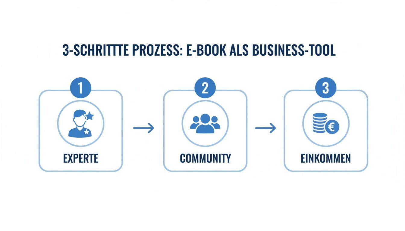 Infografik zeigt den 3-Schritte-Prozess: Vom Experten über die Community zum Einkommen mit E-Books als Business-Tool.