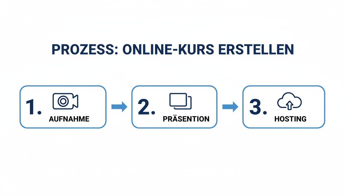 Visualisierung des dreistufigen Prozesses zur Erstellung eines Online-Kurses: Aufnahme, Präsentation, Hosting.