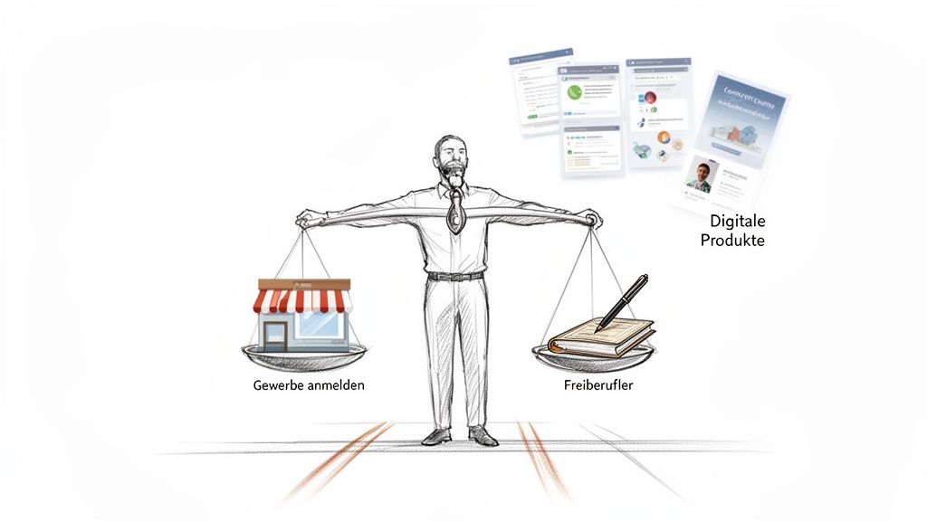 Ein Mann balanciert eine Waage mit Optionen für Gewerbeanmeldung und Freiberuflichkeit, umgeben von digitalen Produkten.