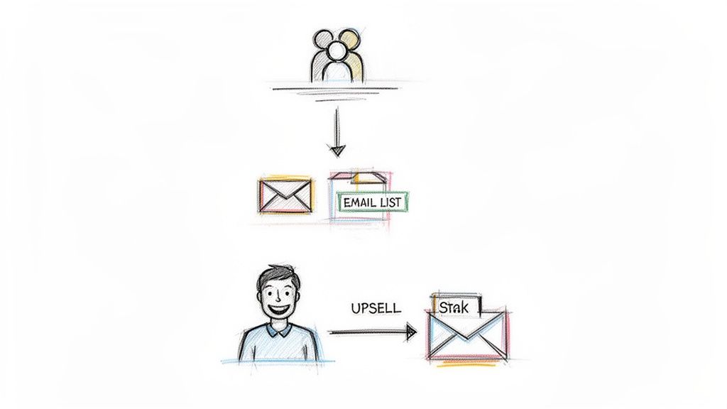 Diagramm zeigt den Prozess von Nutzern, die einer E-Mail-Liste beitreten, und einem Upsell-Angebot für ein Produkt namens Stak.