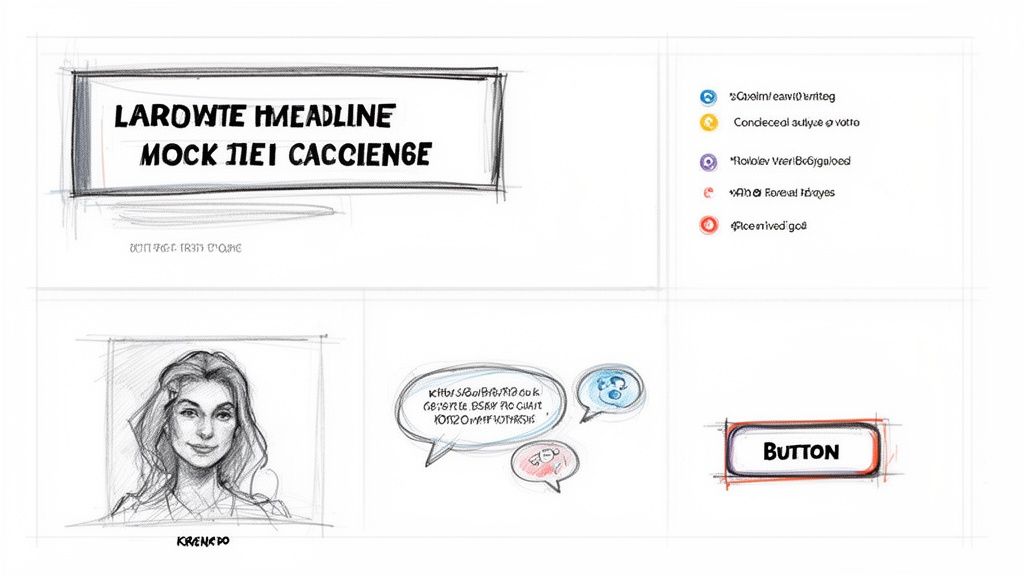 Skizze eines Webseiten-Layouts mit Überschrift, Liste, Porträt und Schaltfläche zur Präsentation von Design-Ideen.