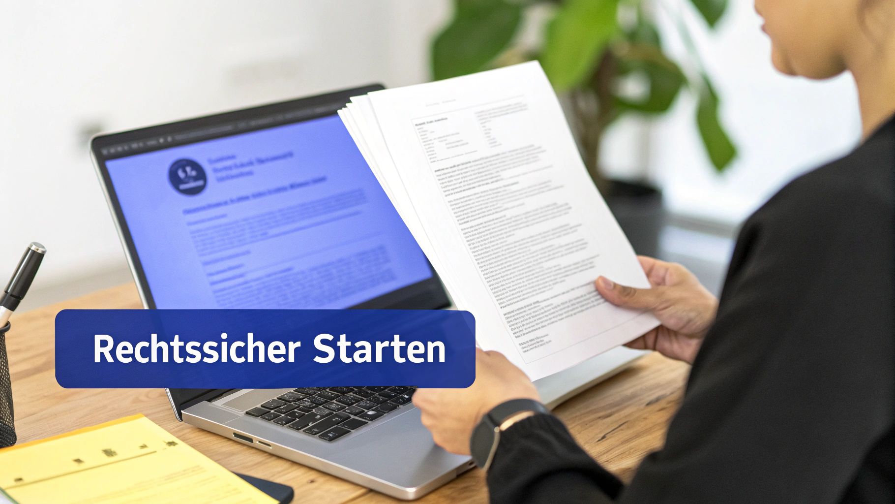 Eine Person überprüft Dokumente und schaut auf einen Laptop mit dem Schriftzug "Rechtssicher Starten".