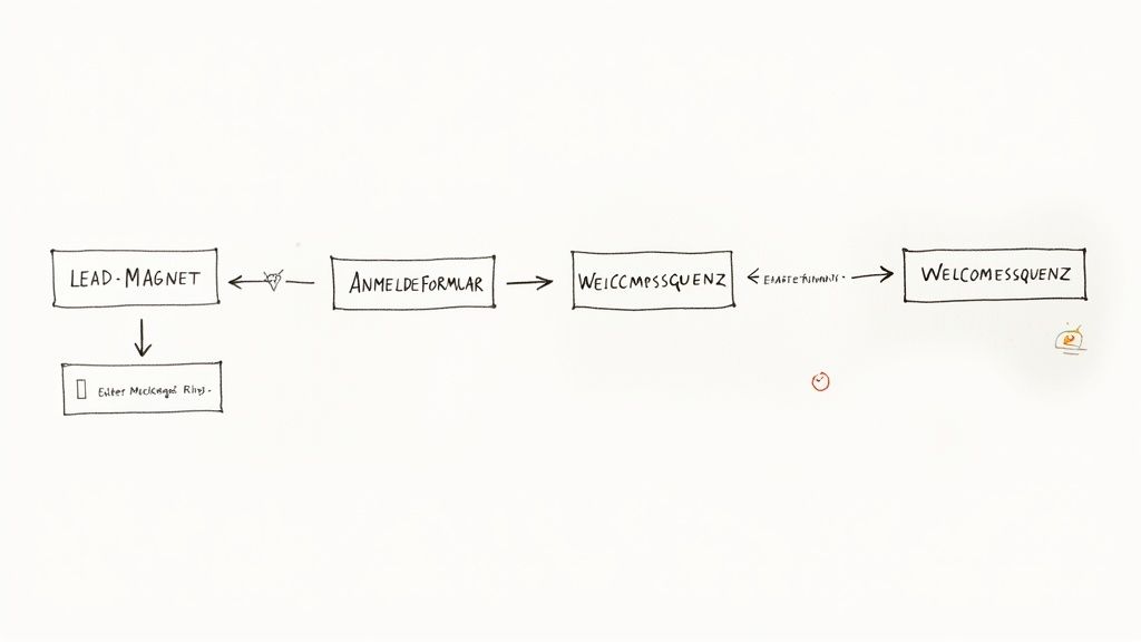 Diagramm eines E-Mail-Marketing-Funnels mit Lead-Magnet, Anmeldeformular und Willkommenssequenzen.
