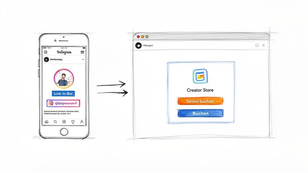 Ein Smartphone mit Instagram-Profil führt über einen Link-in-Bio zu einem Creator Store mit Buchungsoptionen.