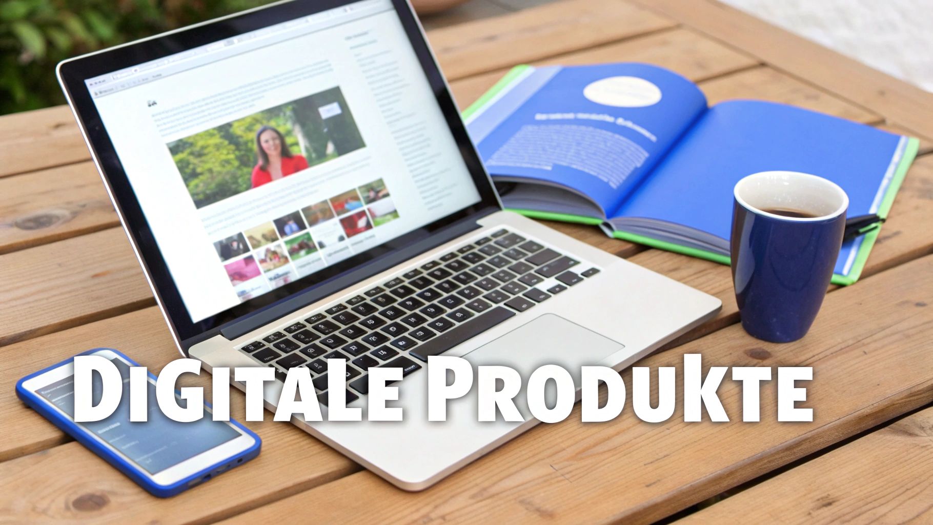 Laptop und Smartphone auf Holztisch mit offenem Buch, Kaffeetasse und dem Text 'DIGITALE PRODUKTE'.