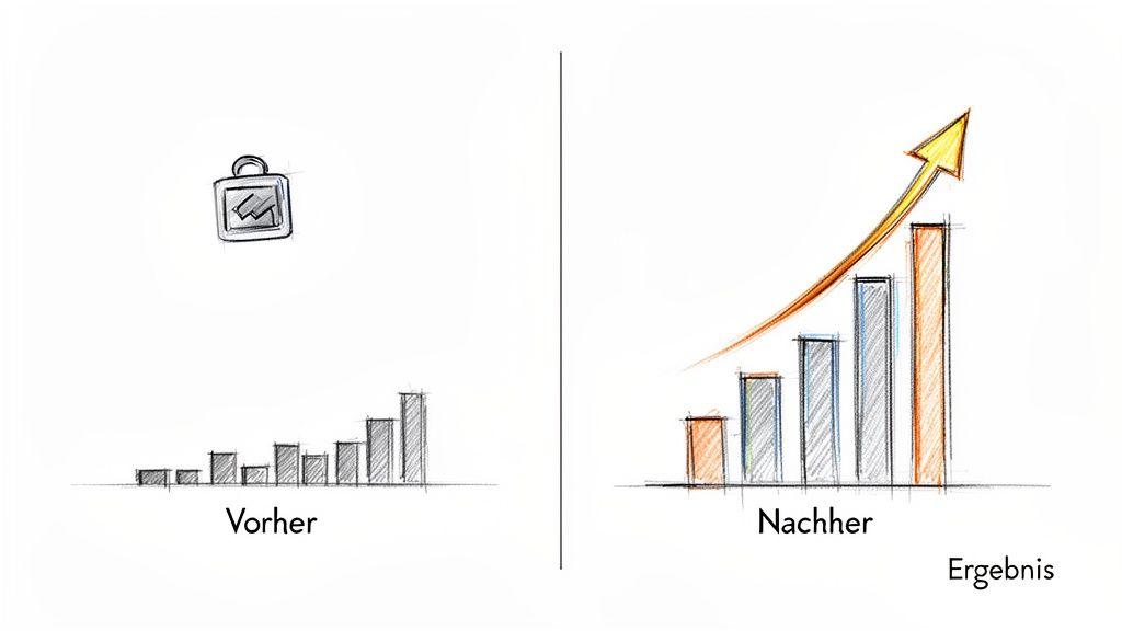 Vergleich von Vorher und Nachher: Links ein bescheidener Fortschritt, rechts starkes Wachstum mit Aufwärtstrend.