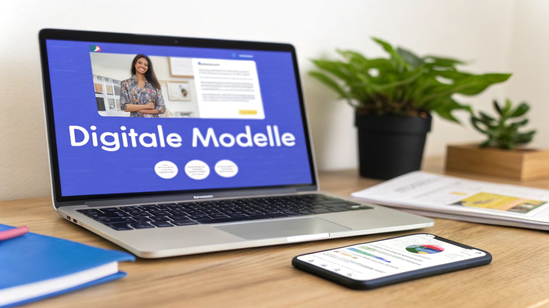 Laptop zeigt Präsentation über digitale Geschäftsmodelle auf einem modernen Schreibtisch mit Smartphone und Pflanzen
