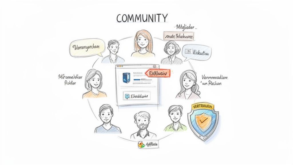 Illustration einer Online-Community, die sich um exklusive Inhalte, Affiliate-Marketing und Vertrauen dreht.