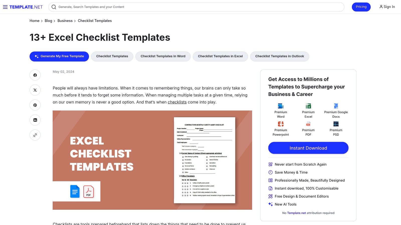 Template.net – zahlreiche Excel-Checklisten (gratis und Abo)