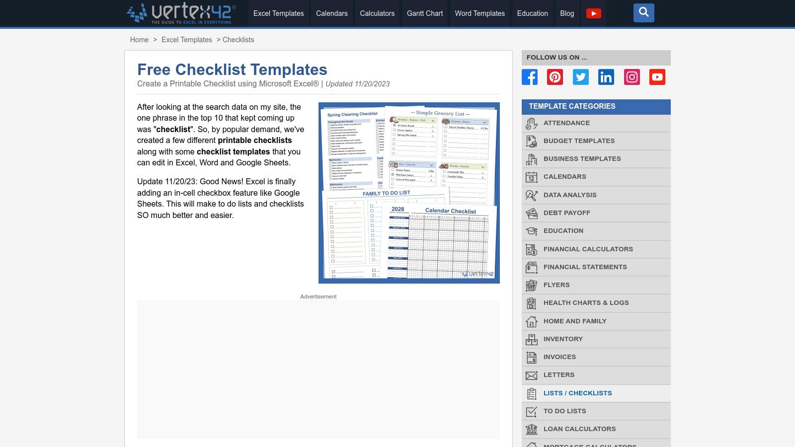 Vertex42 – renommierte kostenlose Excel‑Checklisten