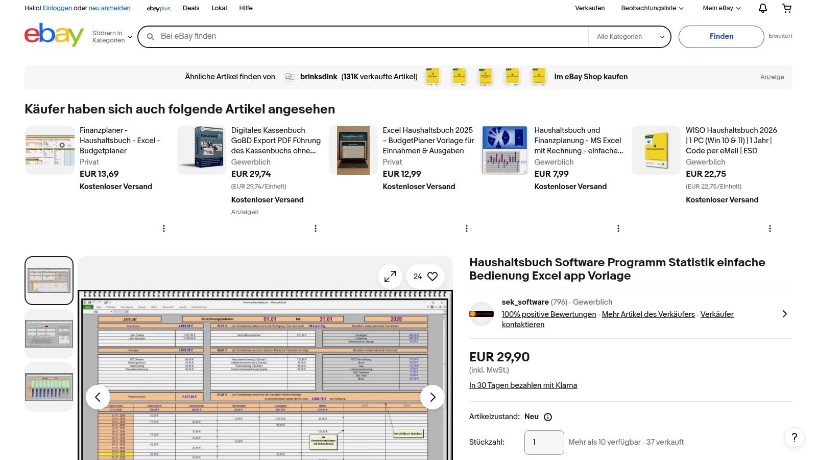 eBay.de – Excel-Vorlagen & Haushaltsbuch/Checklisten