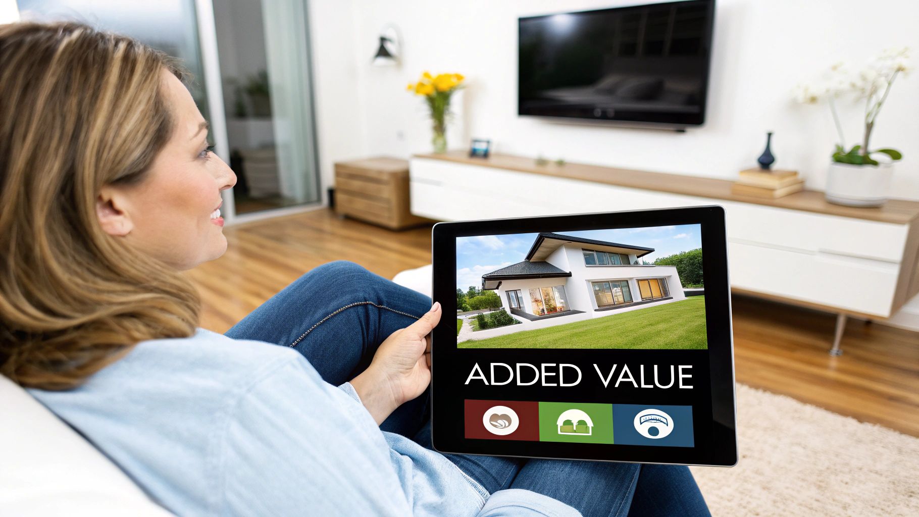 Smiling woman on a couch viewing a tablet showing a modern house and 'ADDED VALUE'.