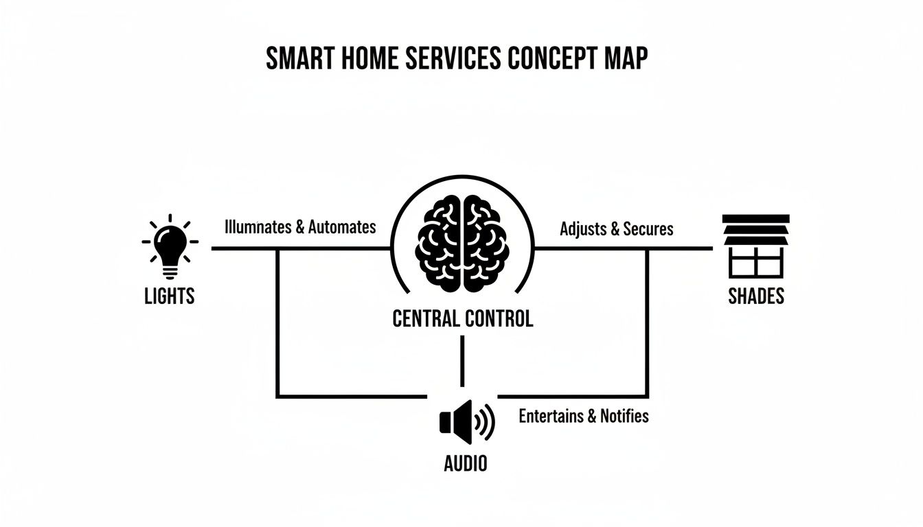 A smart home services concept map illustrates central control managing lights, shades, and audio functions.