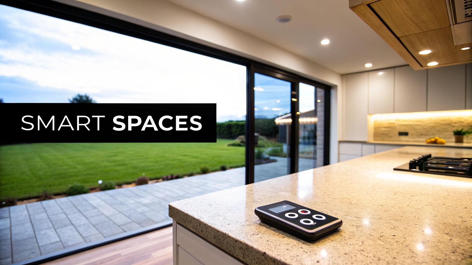 A modern kitchen with a smart home remote on the counter, overlooking a garden through large glass doors.