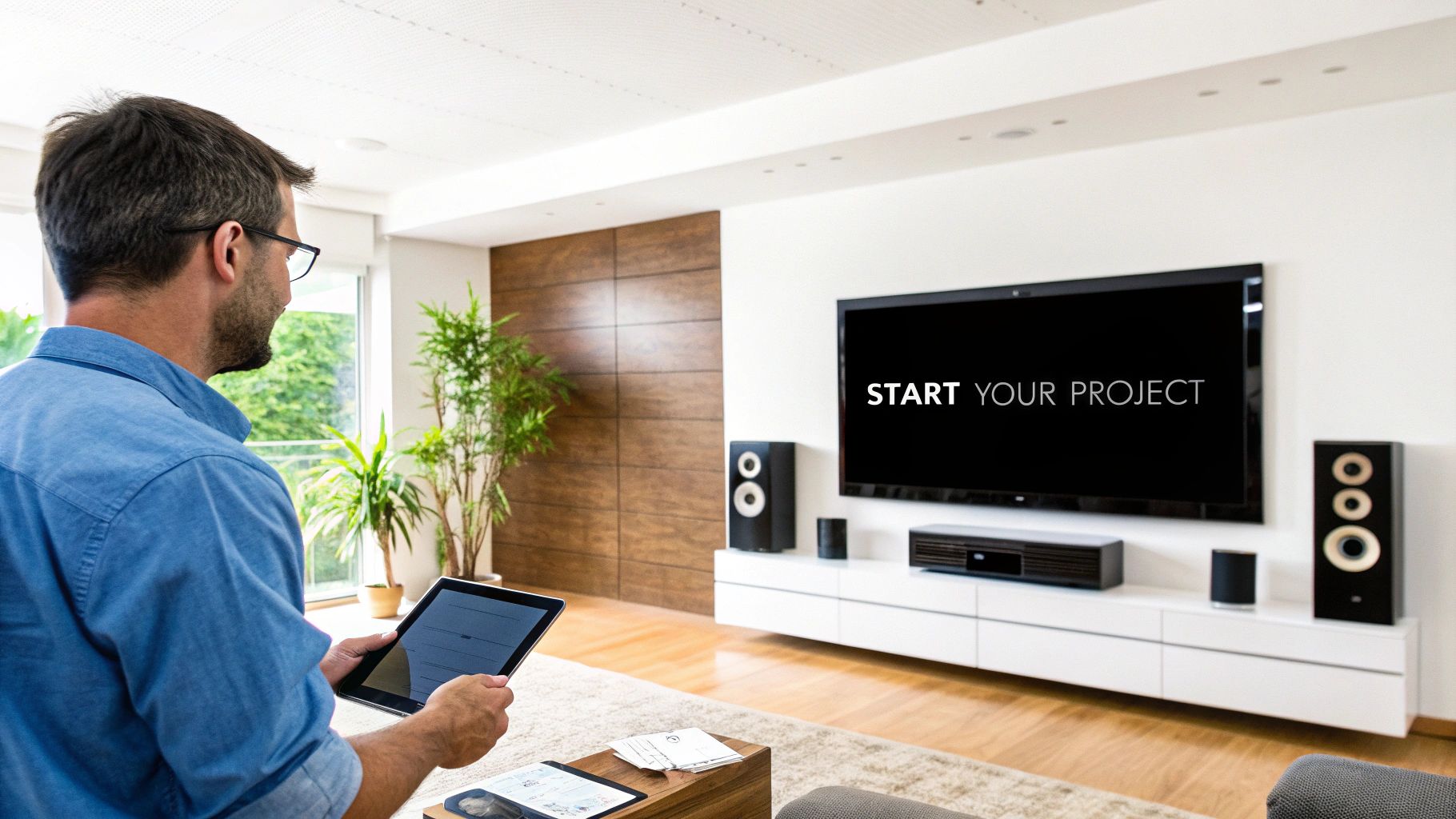 Man using a tablet to control a smart home system, with a large TV screen displaying 'START YOUR PROJECT'.