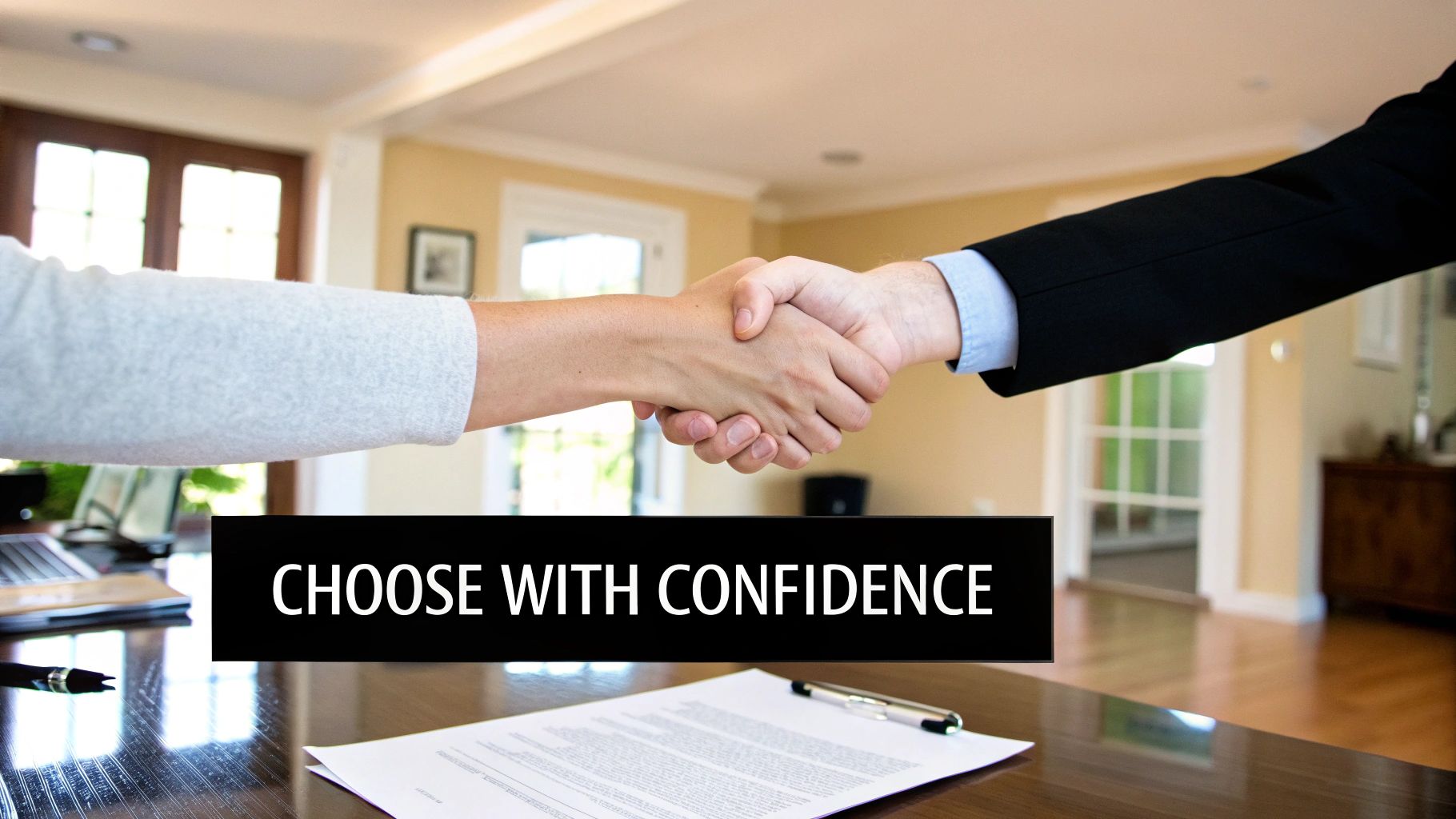 Two people shake hands over a business document, with a 'CHOOSE WITH CONFIDENCE' banner.