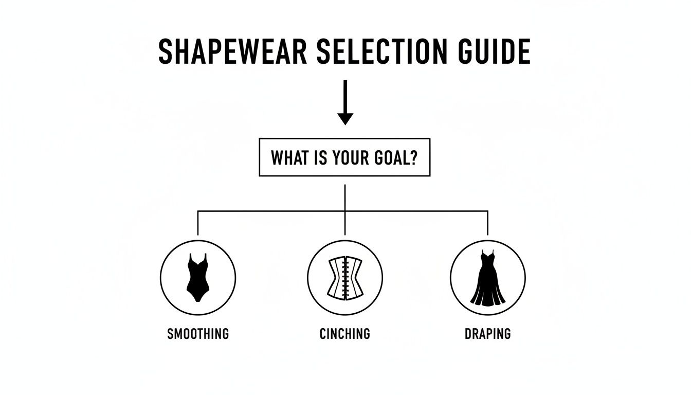 Flowchart guiding shapewear selection based on goals like smoothing, cinching, or draping with icons.