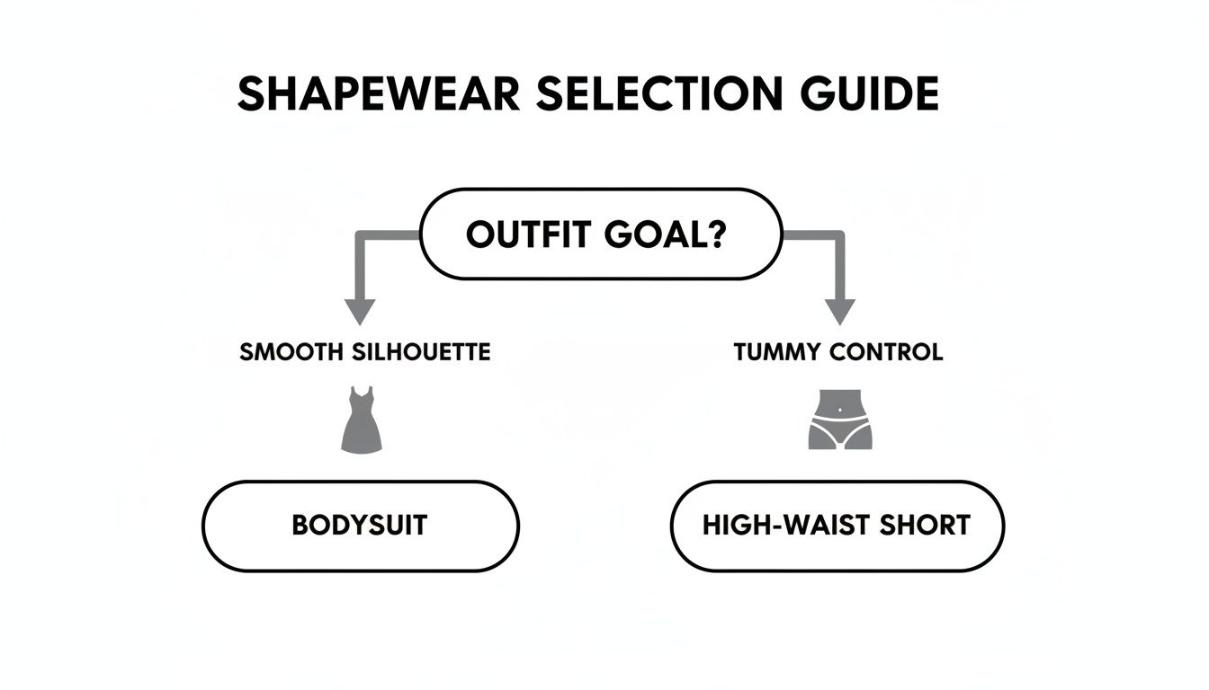 A shapewear selection guide flowchart showing bodysuit for smooth silhouette and high-waist short for tummy control.