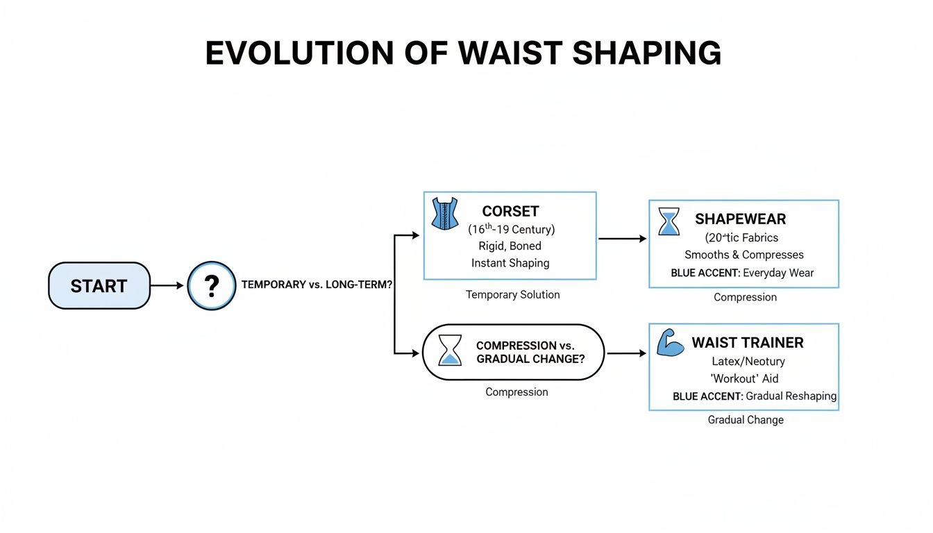 Flowchart showing the evolution of waist shaping, detailing corsets, shapewear, and waist trainers.
