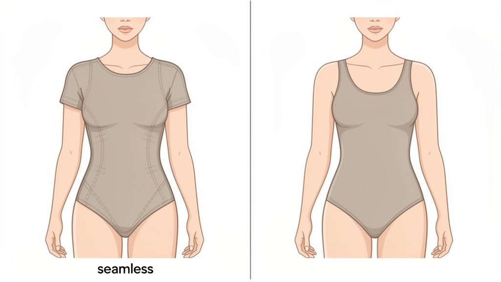 Two female torsos displaying seamless shapewear bodysuits: a short-sleeve and a tank-top style.