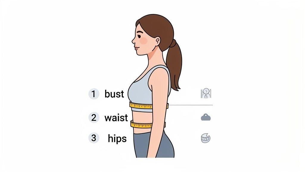 A cartoon woman illustrates how to measure bust, waist, and hips with a tape measure.